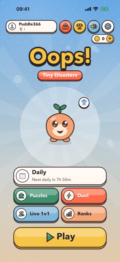 Oops! Tiny Disasters home screen with Play, Daily, Puzzles and Duel buttons