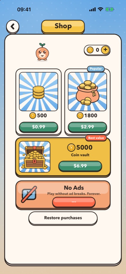 The in-game coin shop showing the 500, 1800 and 5000 coin packs